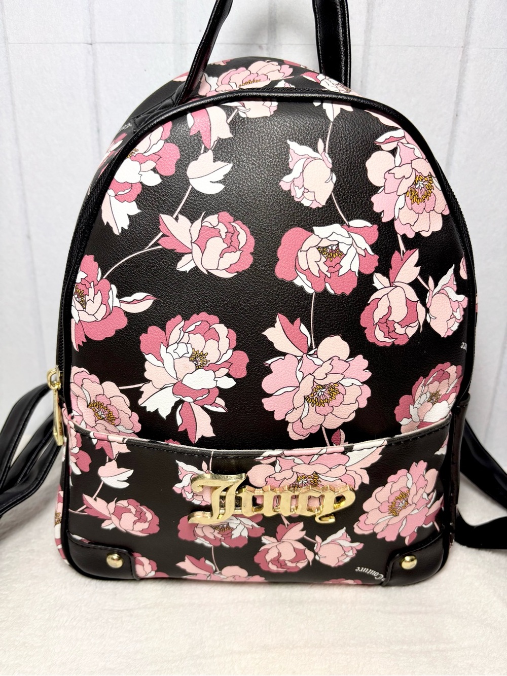 Juicy Couture Black Floral Mini Backpack with Pink Blooms